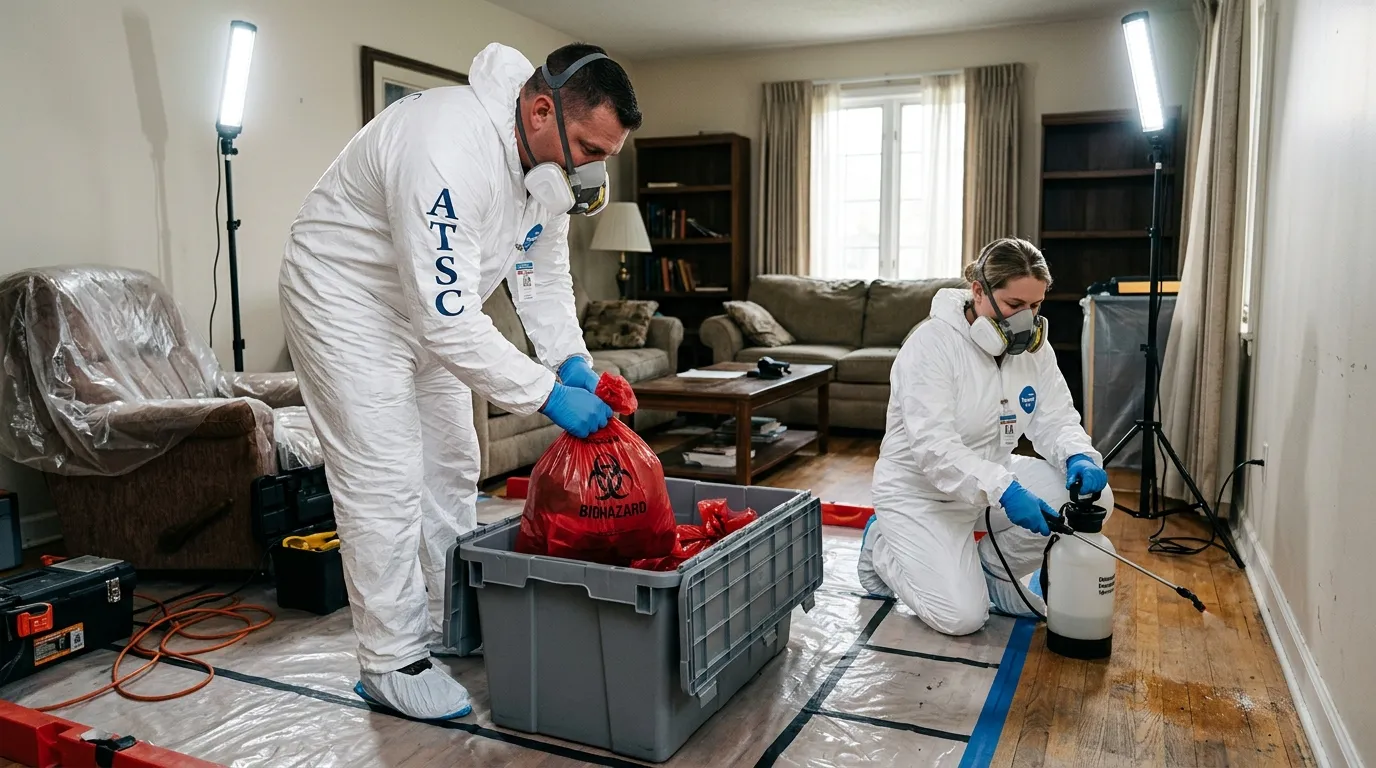 Professional Hazmat Cleanup technician in full PPE working in Cold Spring Harbor